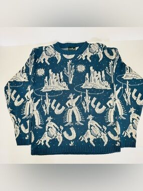 Vintage 90s Boho Western Rodeo Sweater Dusty BLue Womens Sz Medium
Made USA